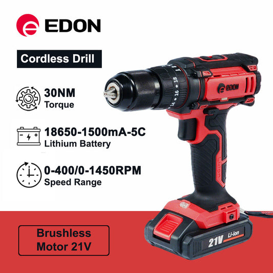 EDON Professional 21V Brushed High Torque Drill Portable Lithium Battery Cordless Electric Drill