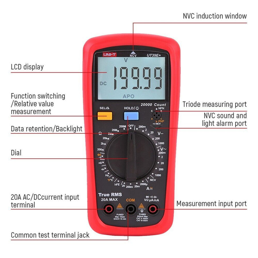 UNI-T UT39E+ AC/DC 20A 1000V Handheld Digital Multimeter - Penguji Suhu UT39E+