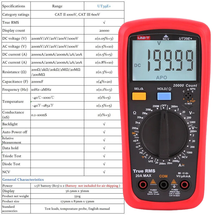 UNI-T UT39E+ AC/DC 20A 1000V Handheld Digital Multimeter - Penguji Suhu UT39E+