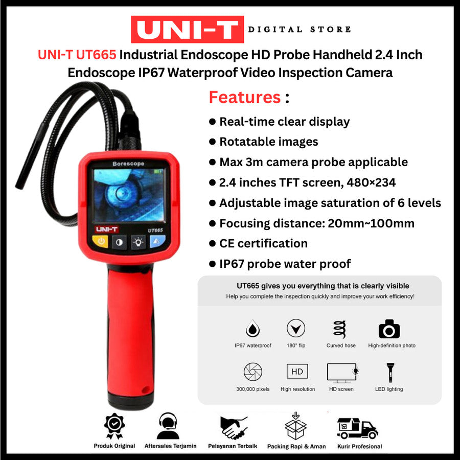 UNI-T UT665 Industrial Snake Borescope Handheld 2.4 Inch - Borescope Industri Genggam UT665