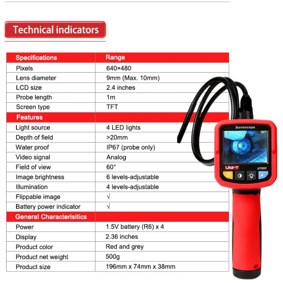 UNI-T UT665 Industrial Snake Borescope Handheld 2.4 Inch - Borescope Industri Genggam UT665